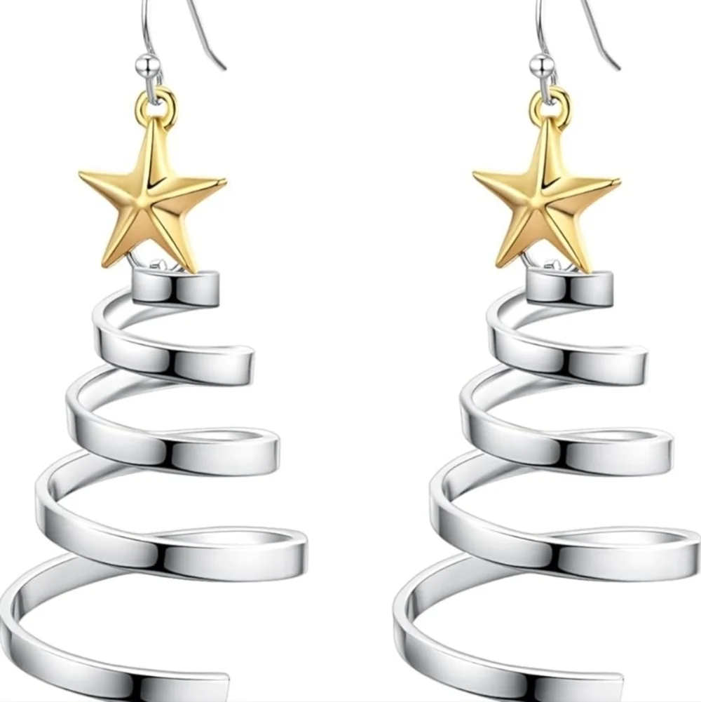Women’s Jewelry Holiday Gold and Silver Star Spiral Tree Dangle Earrings